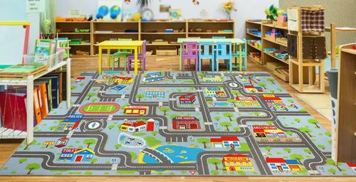 Vista 12 de Capslpad Alfombra Azul de Coche y Carretera para Niños, Alfombra de Juego para Sala de Juegos, Alfombra Antideslizante Lavable con Mapa de la Ciudad