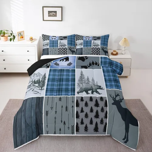 Vista 29 de Juego de edredón de cabaña rústica navideña, juego de ropa de cama estilo rústico con diseño de osos y ciervos, tamaño completo, patchwork Multi 08