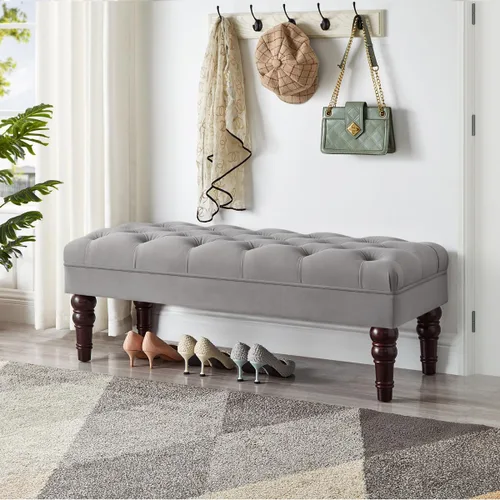 Vista 11 de 24KF Banco de entrada tapizado con botones capitoné de terciopelo con pata de madera maciza, banco de cama otomano con asiento acolchado, 5061N-Negro