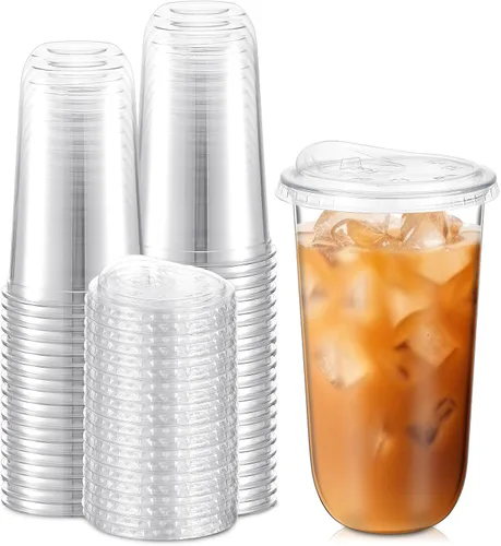 Vista 7 de Ziliny 50 juegos de vasos de plástico transparente con tapas para sorber sin pajita, vasos de cristal de plástico PET desechables transparentes