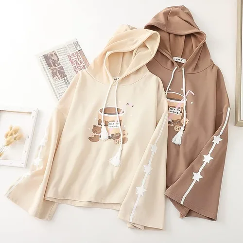 Vista 2 de Kawaii - Sudadera con capucha japonesa con diseño de oso de té de burbujas de anime Harajuku