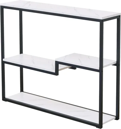 Vista 6 de loglus Mesa consola para entrada, Mesa de sofá de MDF de mármol sintético con marco dorado (Multicapa, Marco Negro)