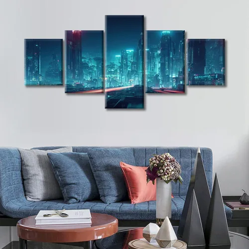 Vista 77 de Cuadros de 5 paneles de Cyberpunk City, arte de pared, representación de vallas publicitarias, edificios modernos en la capital con obras de arte