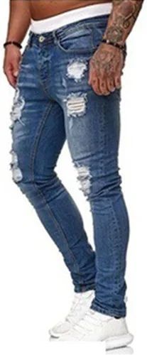 Vista 2 de HUNGSON Men's Blue Slim Fit Jeans Stretch Destroyed Ripped Skinny Jeans Side Striped Denim Pants