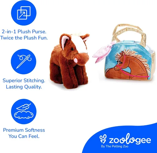 Vista 4 de The Petting Zoo Juego de peluche y bolso de caballo marrón, regalos para niños, juguete de animales de vida silvestre, juguete de peluche de caballo