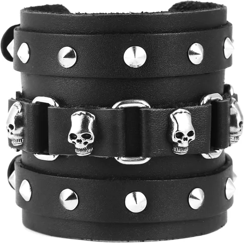 Vista 8 de STWTR Pulsera de cuero para hombre estilo punk rock, brazalete ancho tipo cinturón de motocicleta