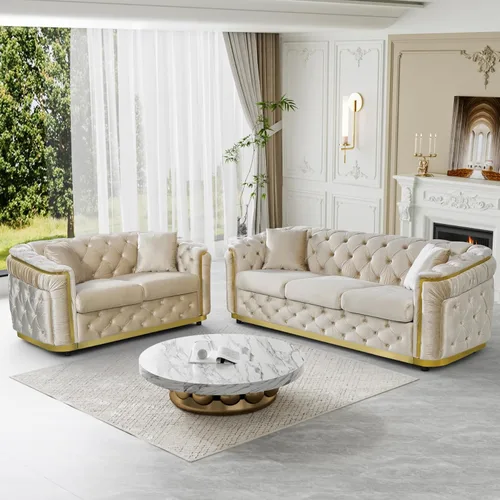 Vista 5 de Sofá Chesterfield de terciopelo de 62.5 pulgadas con respaldo copetudo y detalles dorados, beige Blanco