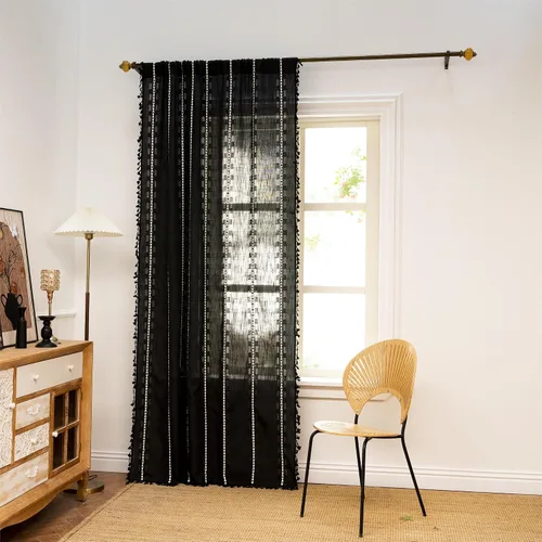 Vista 2 de Sutuo Home - Cortinas bohemias negras de 84 pulgadas de largo para dormitorio y guardería, cortinas de estilo rústico con dobladillo para barra