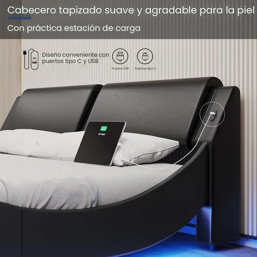 Vista 6 de DICTAC Base de cama King con puertos de carga y cabecero, base de cama de plataforma tamaño King con luces LED onduladas como curvas, soporte