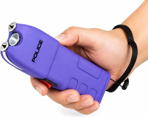 Vista 3 de POLICE - Pistola de aturdimiento para defensa personal 928, linterna LED recargable, color morado Protección de alto voltaje, diseño compacto