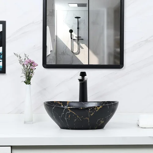 Vista 4 de Davivy Fregadero ovalado negro mate de 16 x 13.2 pulgadas con drenaje desplegable, fregaderos de baño, lavabos de baño sobre encimera, fregadero