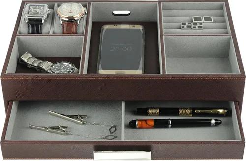Vista 6 de Bandeja de valet de cuero sintético marrón para escritorio, cajón, estación de carga, estuche para monedas, llaves, teléfono, joyas, relojes