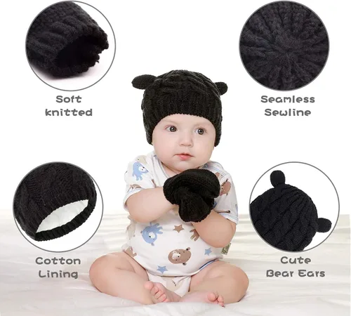Vista 4 de RAOEXI Conjunto de gorro y mitones unisex para bebé y niño pequeño, gorro de punto grueso y cálido de invierno con guantes para bebés, niños y niñas
