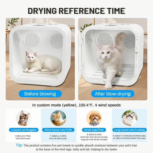 Vista 5 de Caja secadora automática de pelo para mascotas, soplador de ventiladores de doble motor de 70L para gatos y perros pequeños, secado de 360°, control