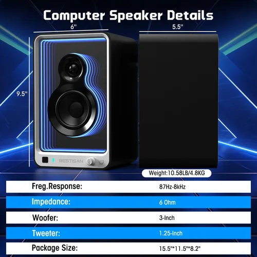 Vista 5 de BESTISAN 50W*2 Altavoces de estantería activos con efecto de luz dinámica, altavoces de graves de 3" para computadora con entrada ARC/Óptica/RCA/BT