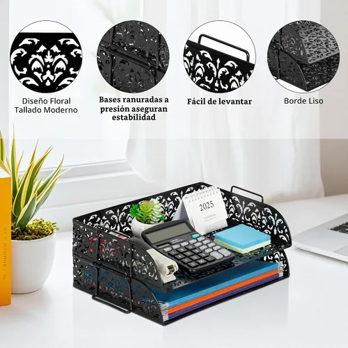 Vista 2 de EasyPAG, charola para escritorio de 2 niveles para cartas, diseño calado de flores, Negro