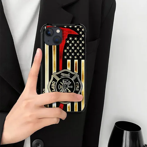 Vista 6 de ZHEGAILIAN Funda compatible con iPhone 14, funda de madera con bandera de hacha de bombero, parte trasera de vidrio templado + funda protectora