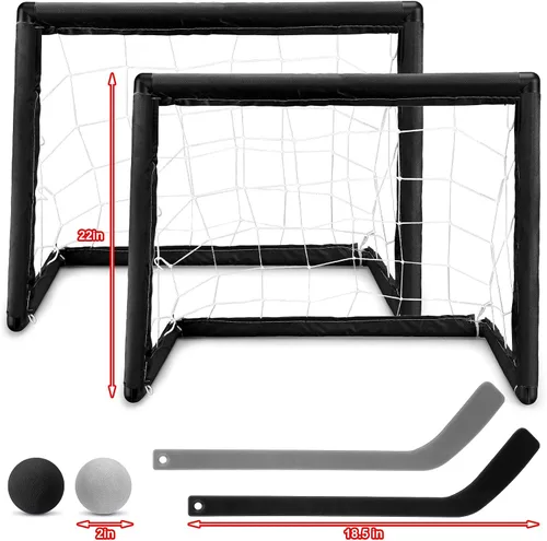 Vista 2 de Leyndo Juego de 2 juegos de mini hockey para niños, incluye 2 redes de hockey, 2 mini portería de hockey, 4 mini palos de hockey de plástico, 4