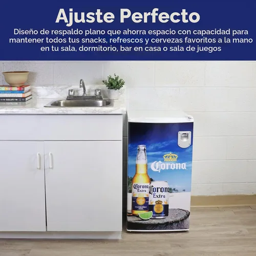 Vista 4 de Koolatron COR90 Corona - Frigorífico compacto de 3.2 pies cúbicos, 90 L, abrebotellas Licensed Corona Graphics, Built-In Bottle Opener, 3 Glass