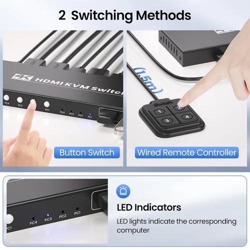 Vista 3 de Conmutador KVM HDMI 4K a 60Hz 1 Monitores 4 Computadoras, USB 3.0 4 Puertos HDMI KVM Switch para 4 Computadoras Compartir 1 Juego de Teclado, Ratón
