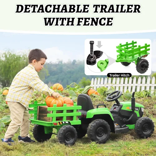 Vista 4 de TOBBI - Coche eléctrico para niños de 12 V con remolque, tractor para Verde