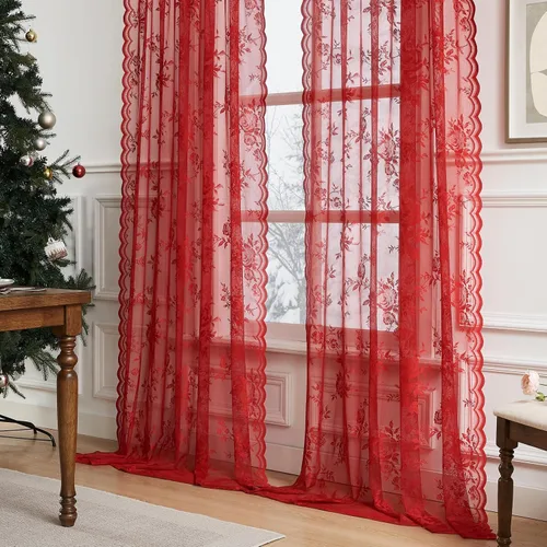 Vista 30 de Cortinas de encaje beige, juego de 2 paneles de cortinas traslúcidas con bolsillo para cortinero, decoración de ventana pequeña, baño, sótano