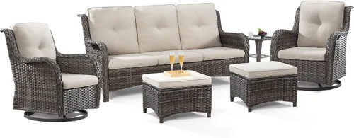 Vista 46 de Juego de 2 sillas de patio giratorias de 360 grados para exteriores y mesa auxiliar a juego – 3 sillas deslizantes de mimbre para patio con cojines