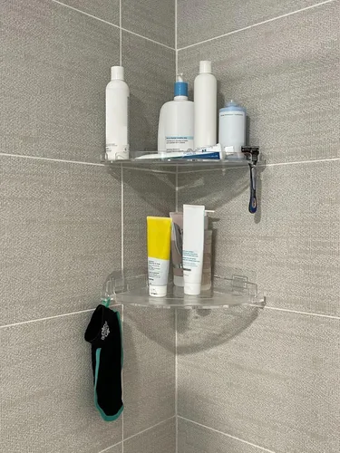 Vista 4 de JiePai Estante esquinero de acrílico para ducha con ganchos, paquete de 2, organizador adhesivo de ducha de baño montado en la pared