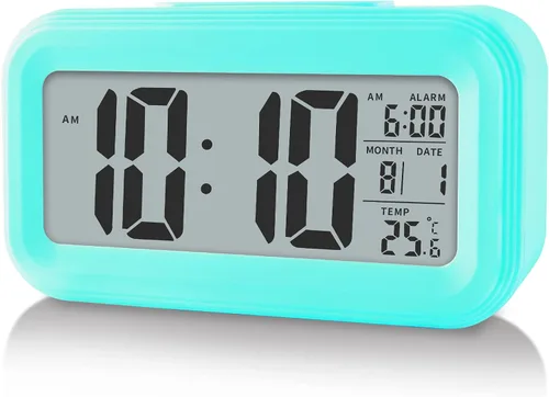 Vista 8 de Reloj despertador digital con temperatura interior, funciona con pilas, modelo con función de repetición, pantalla de 12/24H para dormitorios