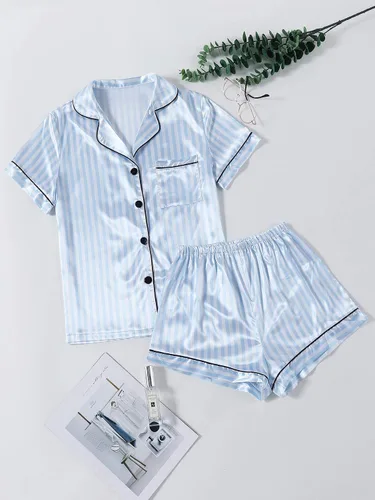 Vista 5 de LYANER - Pijama de satén sedoso a rayas para mujer, camiseta de manga corta con pantalones cortos, conjunto de pijama