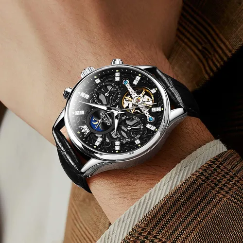 Vista 4 de OLEVS Men Skeleton Watch Automatic Mechanical Dress Casual Brown Black Leather Moon Phase Luminous Waterproof Wrist Watches