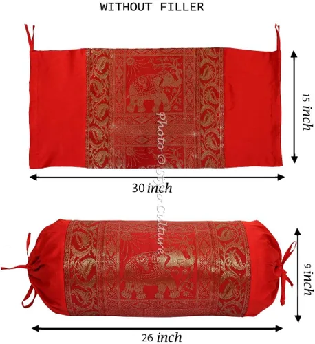 Vista 2 de Funda de almohada tubular cilíndrica de polidupion, diseño de elefante con borde de brocado rojo (1 unidad), 30 x 15 pulgadas (29.9 x 15.0 in)
