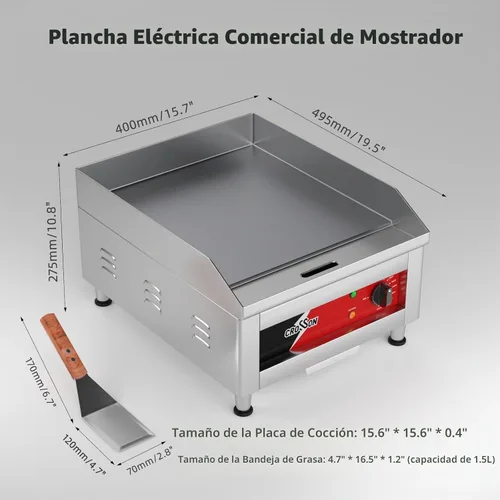 Vista 6 de CROSSON Plancha eléctrica comercial de encimera de 16"×16", planchas de superficie plana con placa de cocción de hierro antiadherente de 2/5
