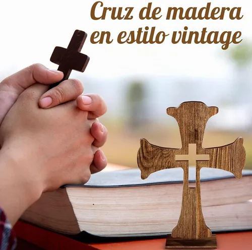 Vista 3 de Amyhill 10 centros de mesa de madera para bautismo, para mesas, decoración de primera comunión, cruz de madera rústica para manualidades con bases