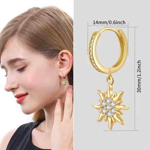 Vista 3 de Pendientes de sol dorados para mujer, aretes colgantes para niña, aretes de circonita cúbica, Plata Cobre Circonita cúbica, No es una piedra preciosa