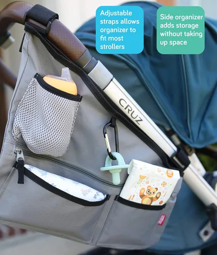 Vista 5 de Nuby Organizador lateral de tela para cochecito: mantiene los elementos esenciales organizados, color gris