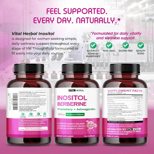 Vista 8 de Inositol liposomal con berberina, chasteberry y ashwagandha - Apoya el bienestar de las mujeres, el equilibrio hormonal y el metabolismo - 150