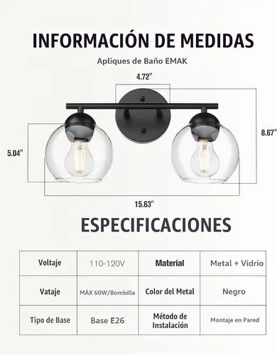 Vista 2 de Emak Lámpara de baño negra de 2 luces sobre el espejo, luces de tocador de baño con pantalla de vidrio transparente, VL114-BKL-2