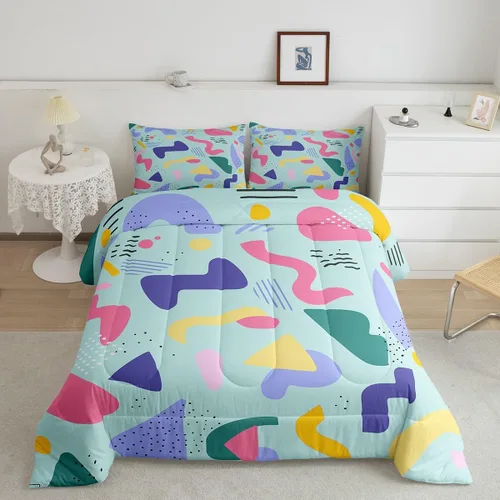 Vista 30 de Juego de edredón de estilo retro de los años 80, juego de ropa de cama de patrón geométrico abstracto, diseño urbano moderno con círculos