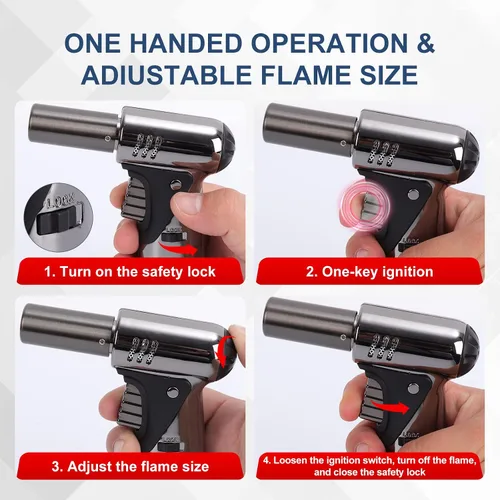 Vista 4 de Linterna de butano, soplete de cocina grande de doble llama premium con bloqueo de seguridad, ajustable, recargable, multiusos, soplete culinario