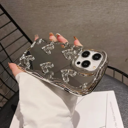 Vista 2 de Funda para iPhone 13, corazón plateado cromado brillante, funda de teléfono creativa con espejo, corazón 3D chapado con estilo, TPU suave resistente