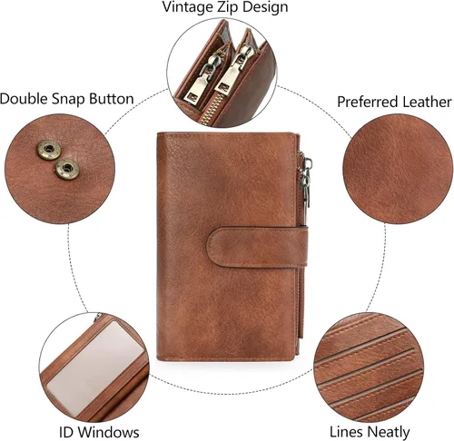Vista 7 de GOIACII - Carteras para mujer con bloqueo RFID para tarjetas de crédito y 2 bolsillos con cremallera, cartera de cuero con 3 ventanas