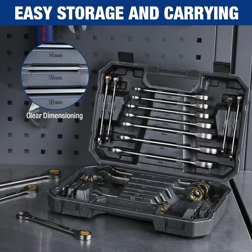 Vista 6 de WORKPRO - Juego de 22 llaves de trinquete, juegos de llaves combinadas con caja organizadora, niquelado, 72 dientes, métrica 6-18mm y SAE 1/4-3/4