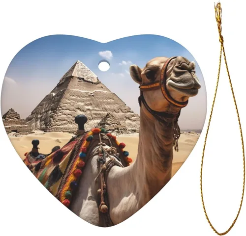 Vista 2 de Pirámide Camel Print Adornos de Navidad Corazón Cerámica Árbol de Navidad Adornos Colgantes de Porcelana Colgante para Decoración de Vacaciones