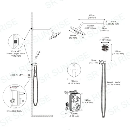 Vista 8 de SR SUN RISE Grifo de ducha – Sistema de cabezal de ducha multifuncional de alta presión de 10 pulgadas con accesorios de cabezal de ducha de mano