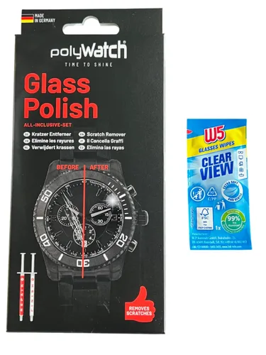 Vista 2 de Polywatch Pasta de pulido de cristal de vidrio para reloj con limpiador de toallitas W5