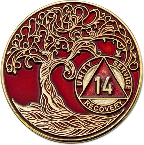 Vista 211 de 1 año Sobriety Mint Twisted Tree of Life Medallón de recuperación AA chapado en oro, chip/ficha - negro