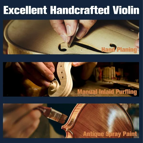 Vista 3 de Violín Mendini de madera sólida, libro de lecciones, cuerdas extra, sintonizador violín, arco y estuche