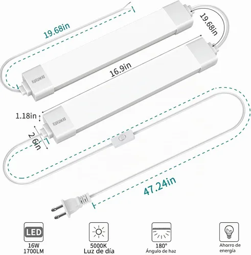 Vista 2 de Luces LED de armario con enchufe, luces de techo enchufables de 17 pulgadas y 1700 lúmenes, luz de tienda impermeable IP66 de 16 vatios, luz