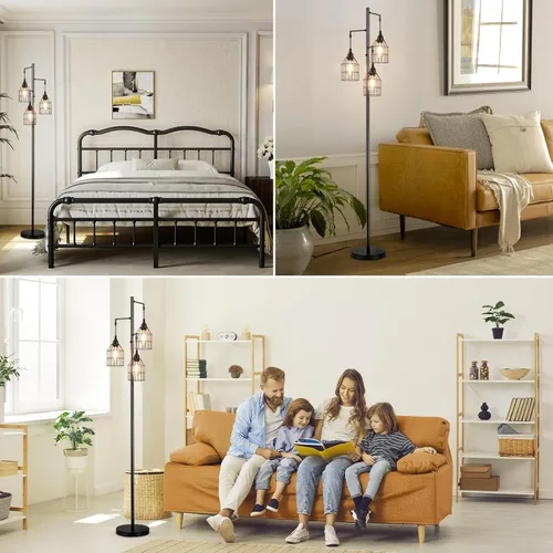 Vista 6 de Sucolite Lámpara de Pie Regulable de 70" para Sala de Estar, Lámpara de Pie Industrial de Árbol de 3 Luces Negra con Jaulas, Lámpara de Pie Alta